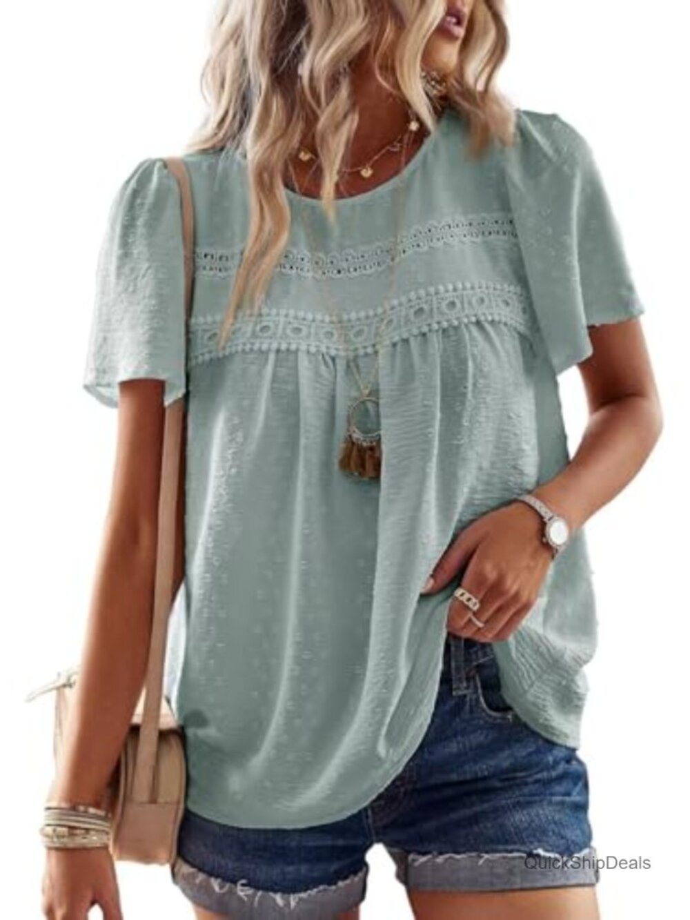 Womens Crochet Lace Boho Blouse Short Sleeve Loose Fit Casual Top